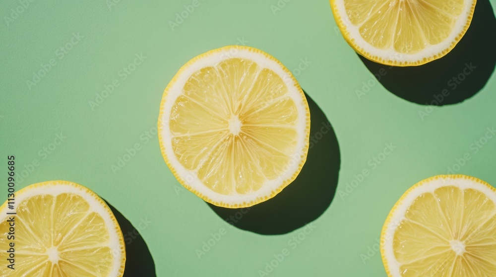 Poster bright lemon slices arranged on a lively green surface emphasize their refreshing look while highlig