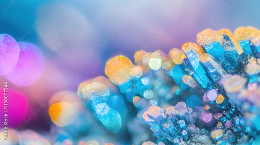 Poster a stunning crystal formation reflects vibrant colors while illuminated by soft bokeh lights, creatin