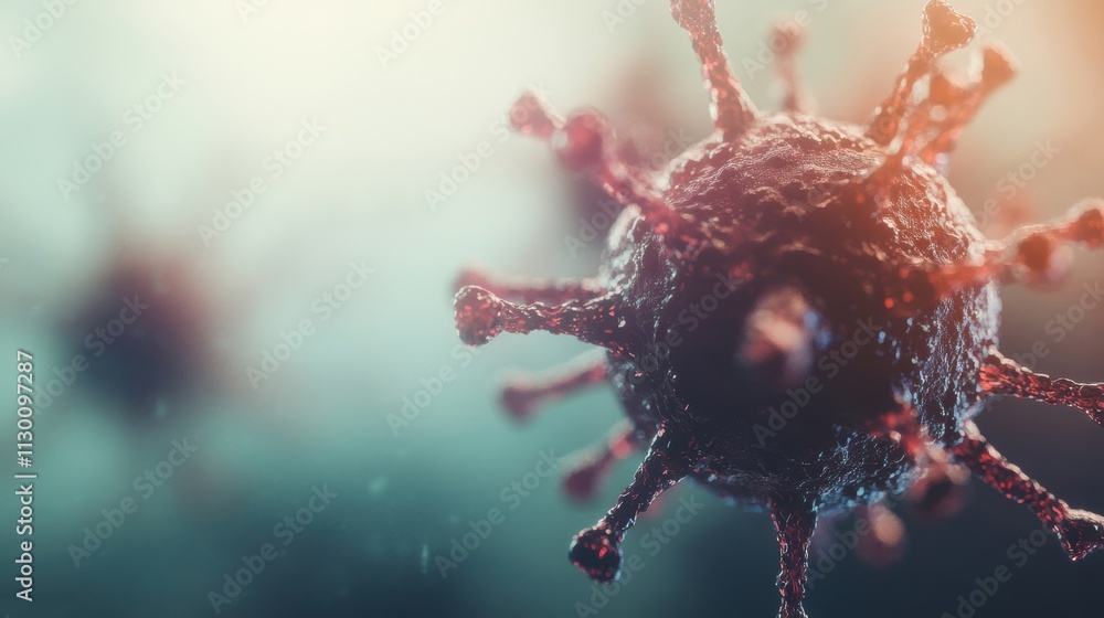Poster a detailed 3d render of a virus particle with spiked surface structure, shown in a scientific and ee