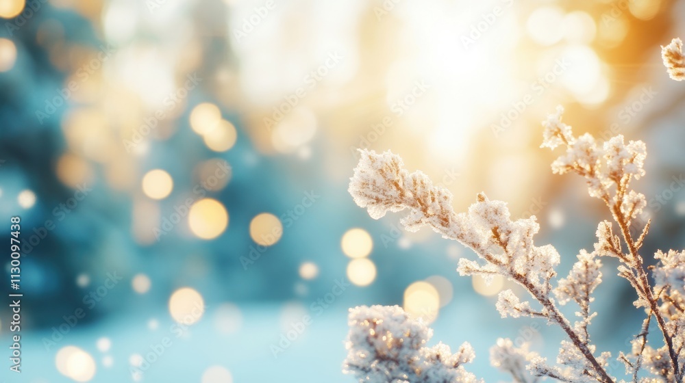 Poster snowflakes gently fall onto frosted branches while sunlight filters through the trees, creating a se
