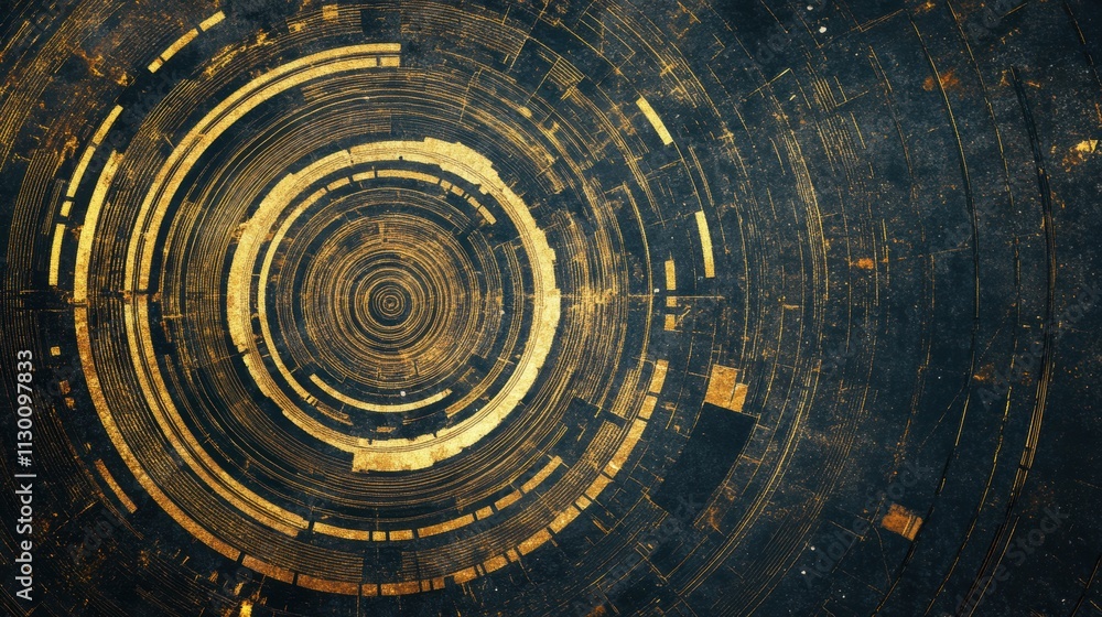 Poster abstract textured design featuring intricate golden concentric circles on a dark background, symboli