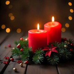 Christmas decoration with candle. Red Candle with Christmas decoration on rustic wood. celebration banner design.