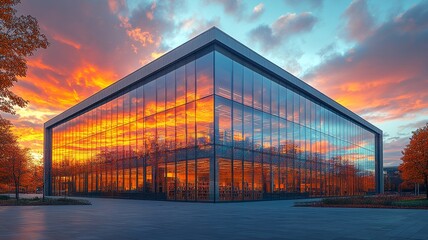 Obraz premium Modern Glass Building Reflecting Sunset Colors