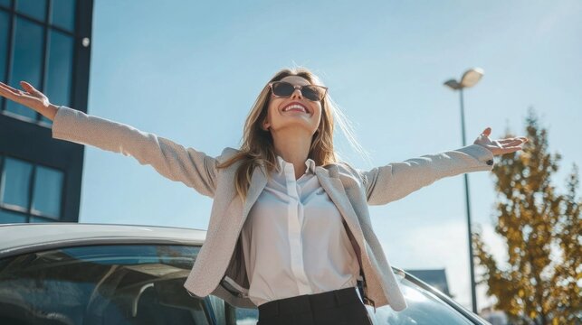 A cheerful businesswoman leans against her car with arms wide open, embracing the warm sunlight. Her smile and sunglasses reflect her success and happiness, set against a city backdrop - Powered by Adobe