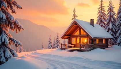 Fototapeta premium Happy New Year landscape design with a cozy winter cabin and snow-covered ground, soft pastel peach background.
