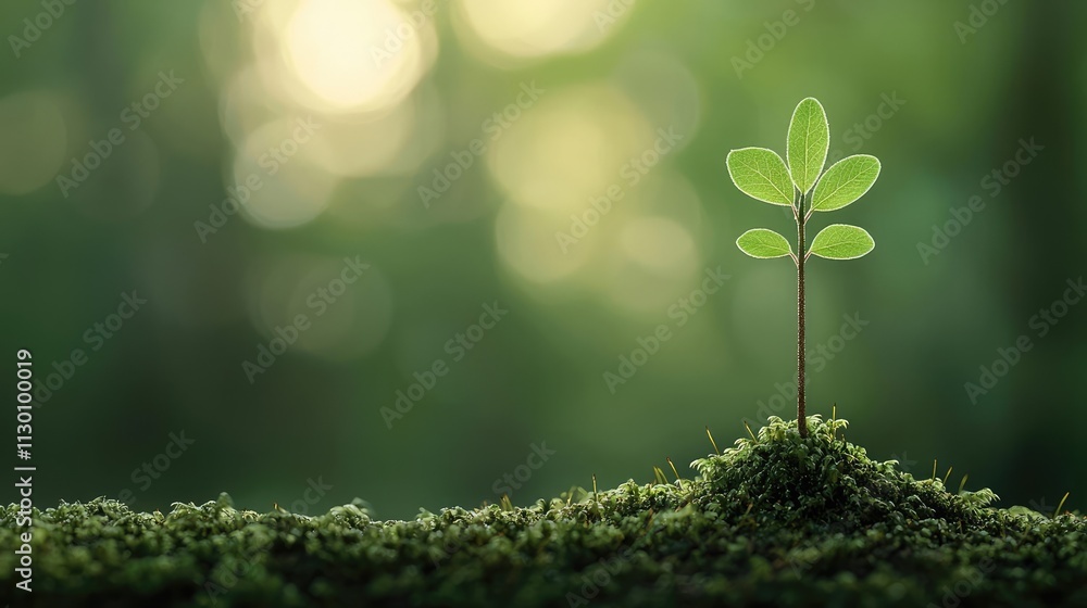 Poster a small green plant sprouting from soft moss in a blurred natural setting.