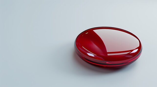 A shiny red button resting on a white background.