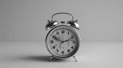 A silver alarm clock with minimalistic details, sitting on a white background.