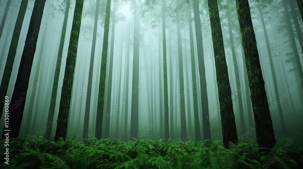 Aufkleber Mist-covered forest with tall trees and lush green ferns creating a serene atmosphere.