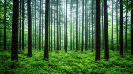 Obraz premium Serene forest scene with tall trees and lush greenery, capturing natural tranquility.