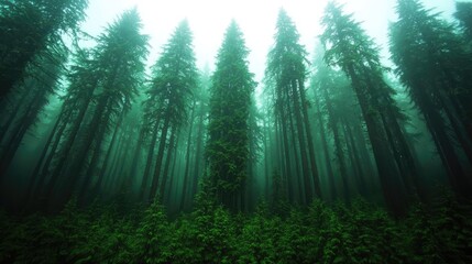 Obraz premium Misty forest scene with tall green trees and lush undergrowth, creating a serene atmosphere.