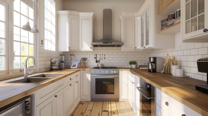 A bright kitchen with white cabinets, wood countertops