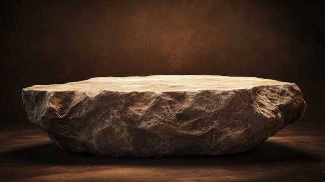 A jagged limestone podium with a smooth top, sitting majestically under dim lighting, on a solid dark brown background