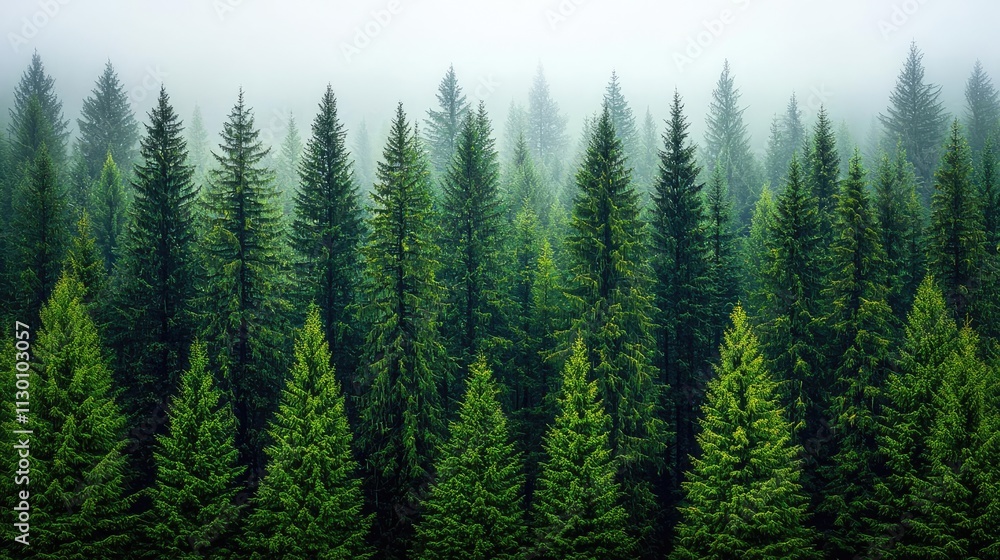 Aufkleber a serene forest scene with tall pine trees enveloped in gentle mist and soft green hues.