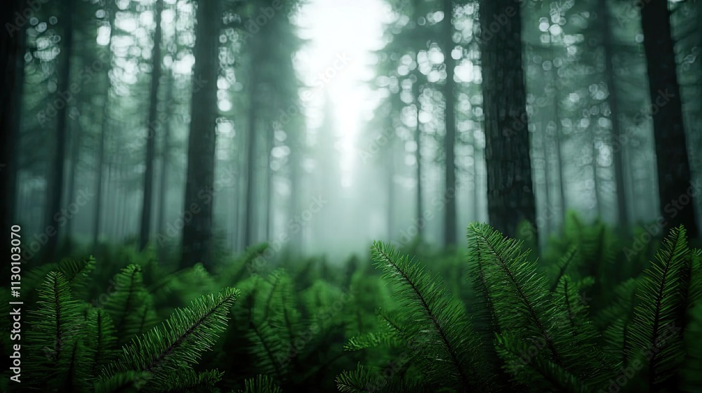 Poster a serene forest scene with lush ferns and tall trees shrouded in mist and tranquility.