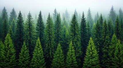 Obraz premium A serene forest scene with tall pine trees enveloped in gentle mist and soft green hues.