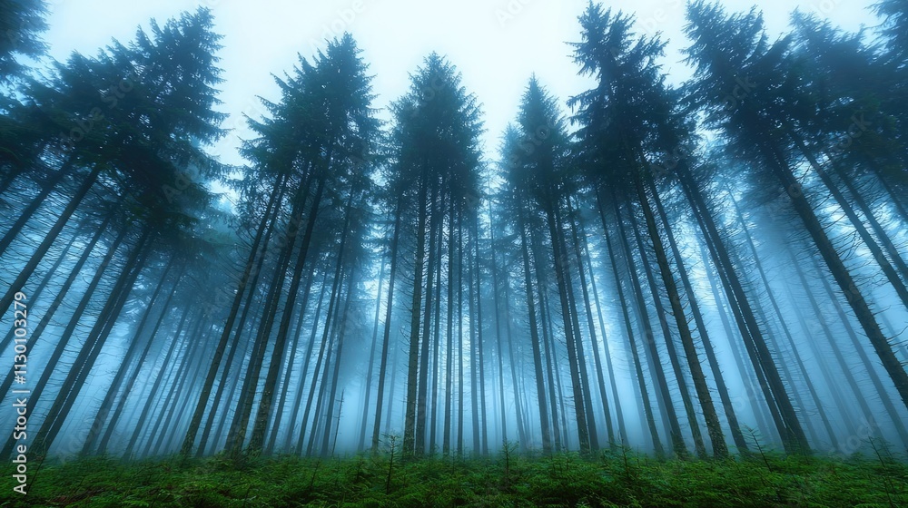 Poster misty forest with tall pine trees creating a serene and tranquil atmosphere.