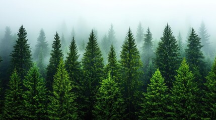 Fototapeta premium Serene forest landscape shrouded in mist, showcasing lush green coniferous trees.