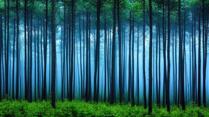 Naklejka premium Misty forest showcasing tall trees and vibrant green foliage, evoking tranquility and peace.