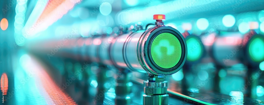 Poster close-up of a modern green light sensor in a futuristic setting.