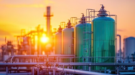 Obraz premium Sunlit industrial tanks reflecting vibrant colors at sunset in a modern facility.