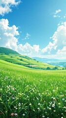 Fototapeta premium A serene green meadow with lush grass swaying gently in the wind, outdoor scenery, idyllic scene., green background, peaceful atmosphere, wildflowers