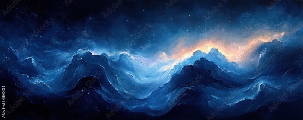 Poster abstract blue light waves flowing through dark background with ethereal glow