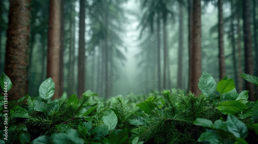 Poster A serene forest scene with lush greenery and misty trees in the background.