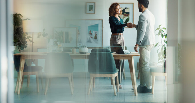 Business, people and handshake at office for greeting or welcome to job interview or new job. Happy, hr manager and candidate at boardroom with shaking hands for recruitment, hiring and opportunity