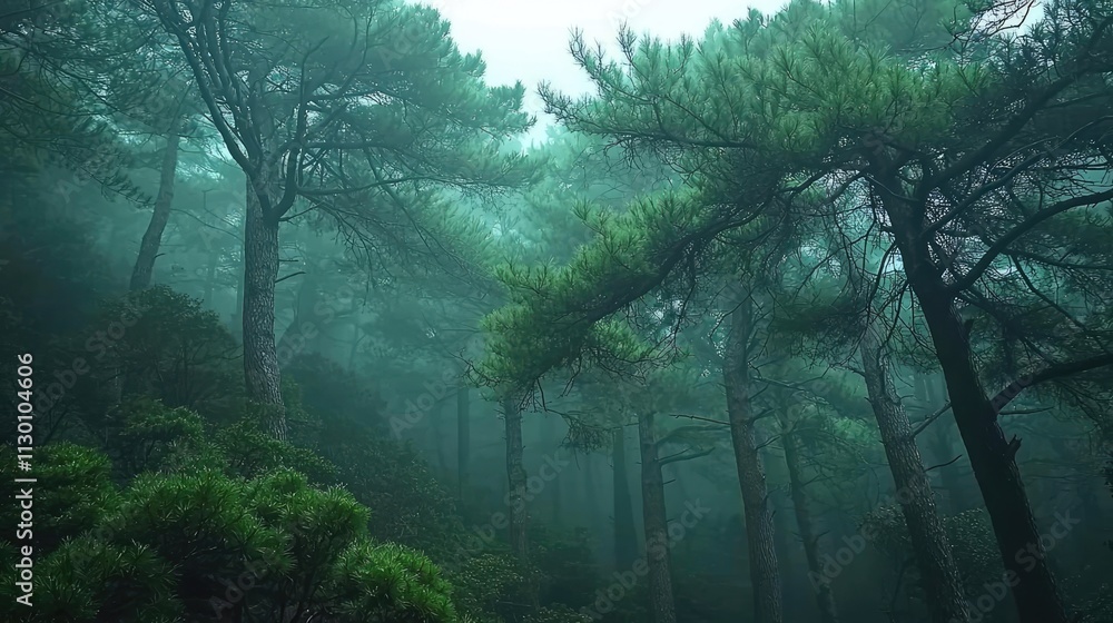 Aufkleber a serene forest with tall trees, enveloped in mist, creating a tranquil atmosphere.