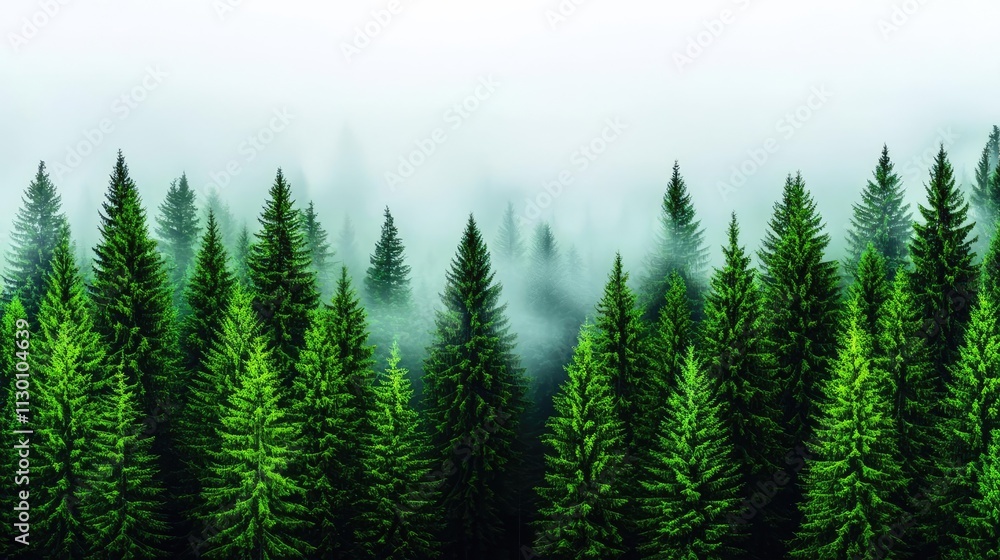 Poster A serene view of fog-covered pine trees creating a tranquil forest atmosphere.