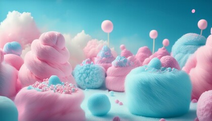 A colorful pastel land of delicious, tasty sweets and candies. Sugar wool, pink and blue marshmallow illustration 3d design from dreams