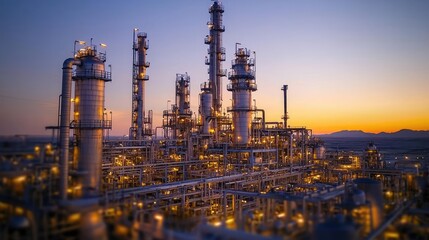 Obraz premium Dramatic sunset over a bustling oil refinery with illuminated structures and technology.