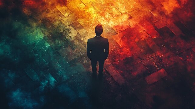 Businessman Standing at Crossroads of Rising and Falling Arrows Symbolizing Critical Decision Making in Volatile Markets