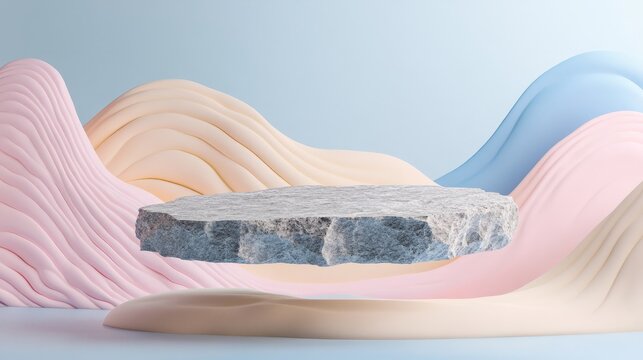 A floating stone-textured podium, set against a backdrop of pastel blobs and wavy shapes 