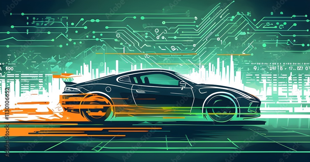 Poster sport car silhouette with vibrant dynamic lines showing motion, surrounded by data streams