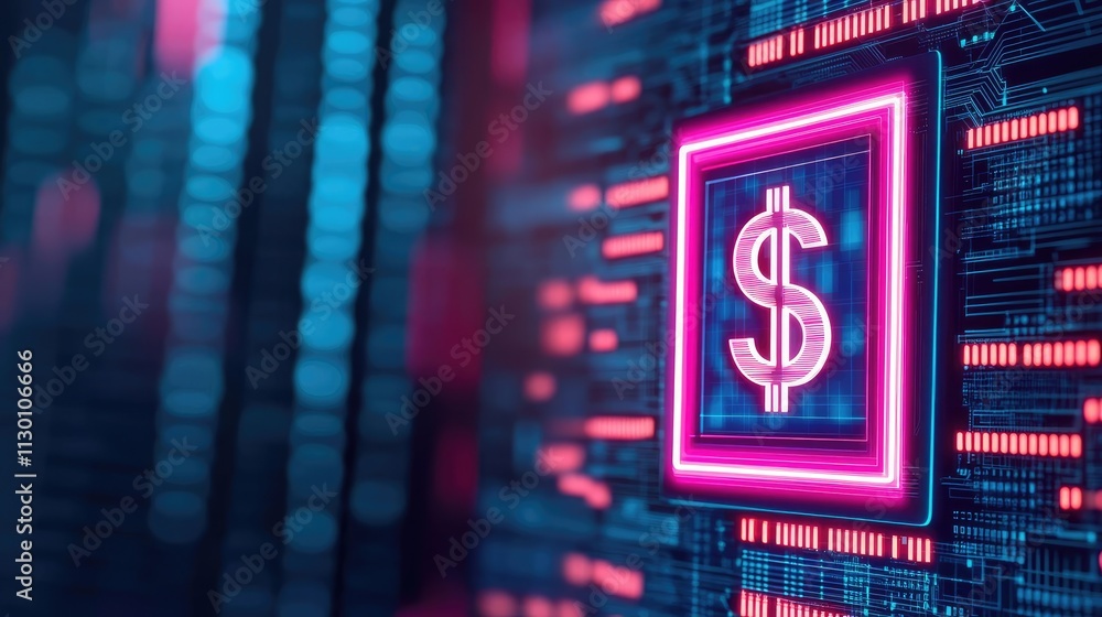 Poster currency value idea. modern digital currency symbol with vibrant neon colors and technology backgrou