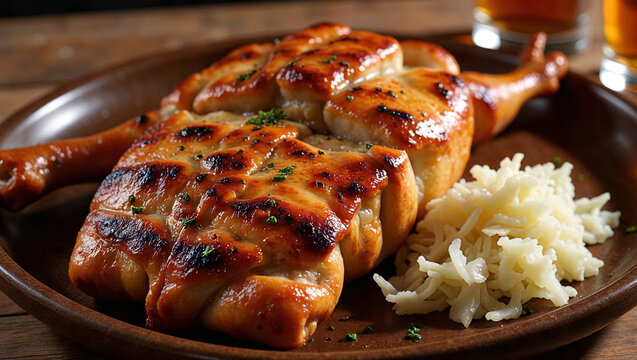 Grilled spatchcock chicken with fresh herbs and cheese garnish on a rustic plate