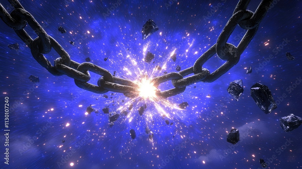 Poster chain breaking in a colorful nebula with explosive cosmic background