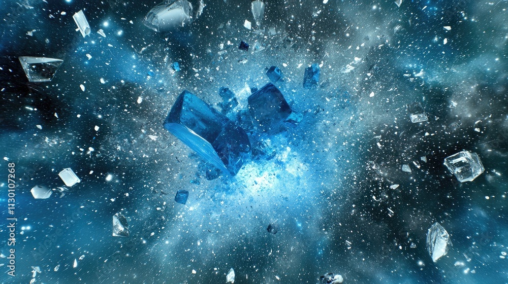 Poster vibrant abstract space scene with shimmering blue crystals exploding