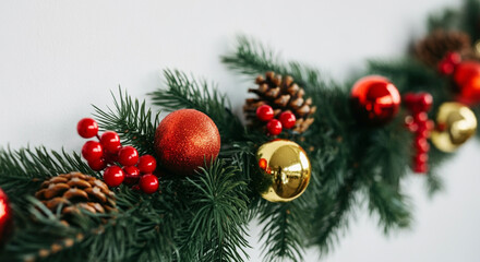 A beautiful holiday arrangement of pine branches, red berries, and festive ornaments on a white background