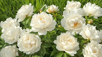 Fototapeta premium Beautiful white peonies in full bloom against a grassy garden backdrop, blossom, vibrant