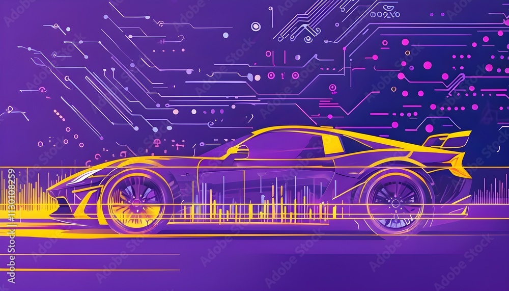 Poster sport car silhouette with vibrant dynamic lines showing motion, surrounded by data streams