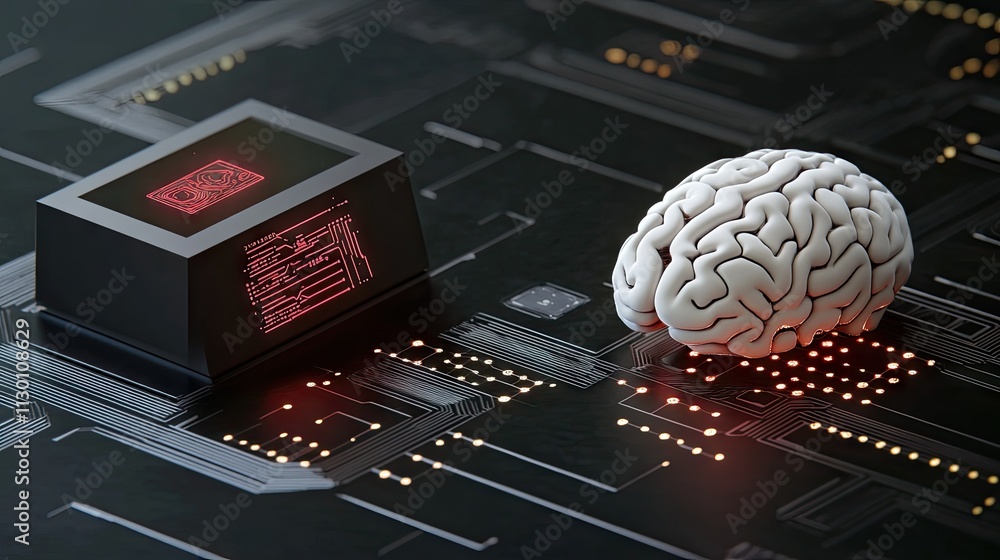 Poster human brain and microchip on digital circuit board background
