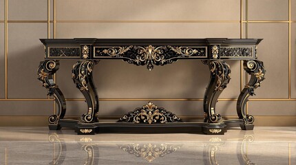Black lacquer finish on a luxurious dark brown wooden console table, luxurious, console table