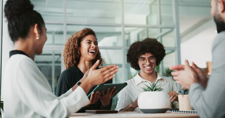 Woman, lawyer and applause at meeting with team, goals and celebration with success for legal case...
