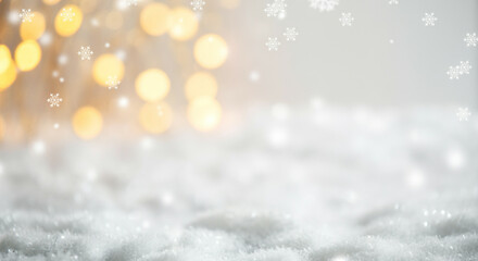  A snowy background with soft-focus golden bokeh lights and falling snowflakes, creating a peaceful holiday setting
