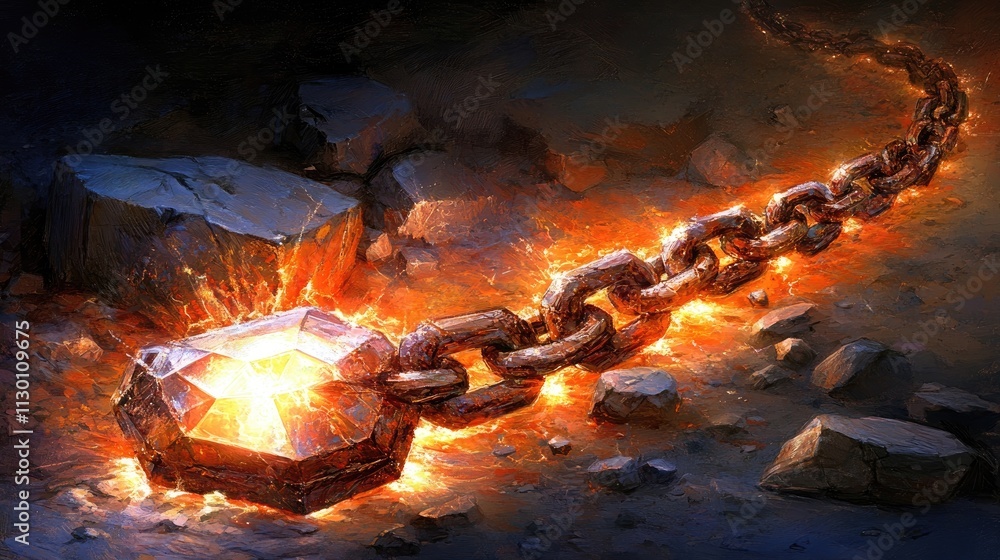 Poster glowing chain with gemstone on rock surface in a fantasy setting