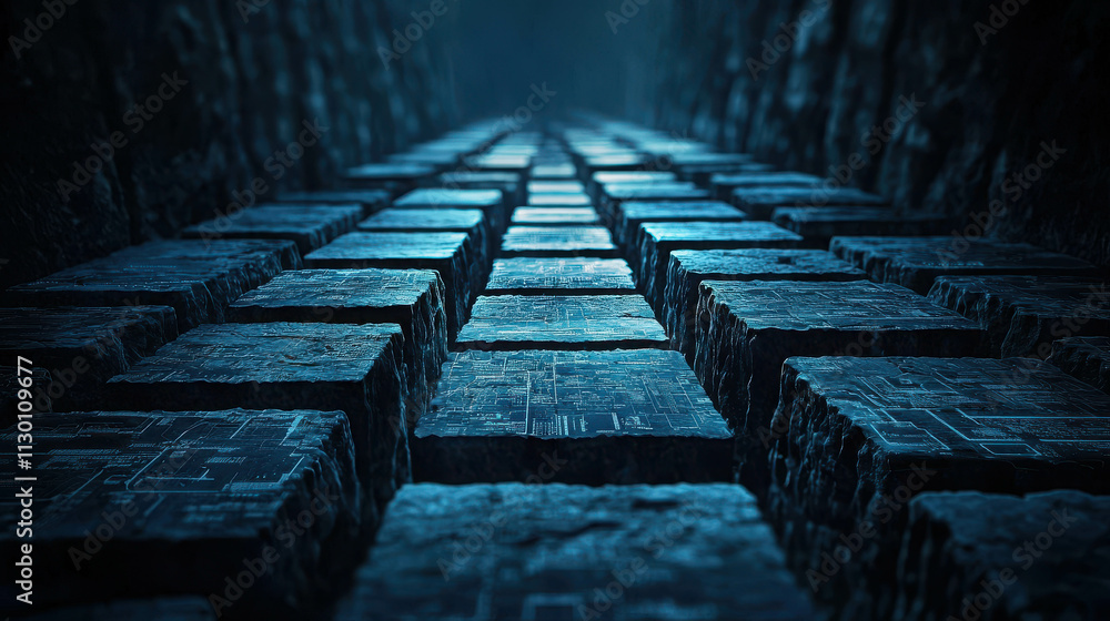 Poster digital canyon cliffs inscribed with patterns and textures in dark environment