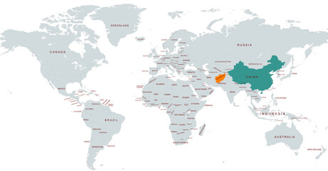 World Map Highlighting Specific Afghanistan and  chinaCountries in Color Highlight © habib billah